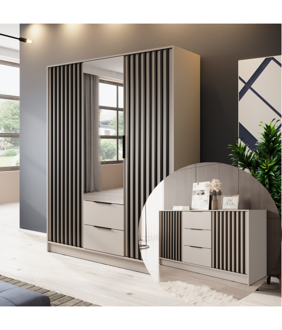 NELLY 3D Zestaw SZAFA z LUSTREM trzydrzwiowa + KOMODA, Lamele NELLY 3D Zestaw SZAFA z LUSTREM trzydrzwiowa + KOMODA, Lamele